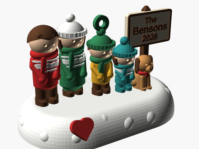 Preview render of the Snowy Hill Family ornament: four peg-style figures and a dog on a snowy mound with a name sign.